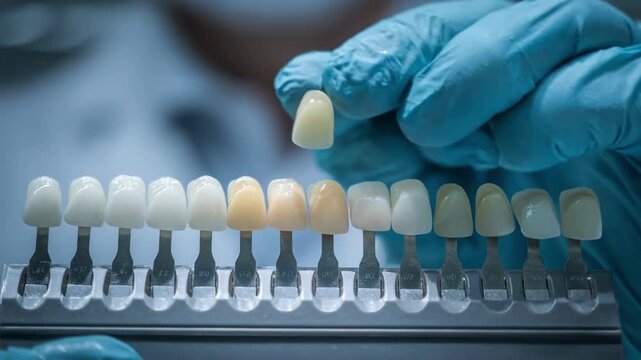 Medium shot focusing on a dentist holding ceramic tabs near model teeth beneath colorcorrected light to evaluate exact shade matching in a clinical environment.