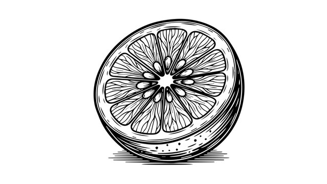 High-contrast black and white illustration of a halved citrus fruit with exposed segments