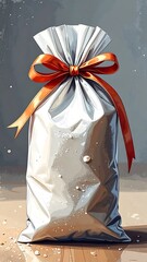 A white pouch tied with an orange ribbon, sits on a reflective surface. Art style with muted background tones