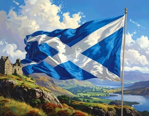 A vibrant painting showcasing a national flag waving proudly against a picturesque landscape with a castle and rolling hills
