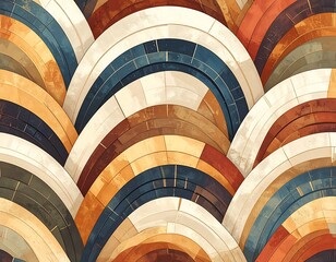Abstract arch pattern in warm earth tones browns, blues, tans, and beige with a painted watercolor style