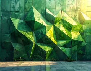 Abstract architectural wall with geometric, angular, emerald green forms catching sunlight and textured floor tiles