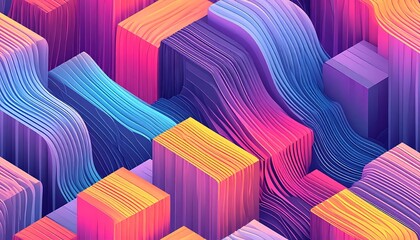 Abstract arrangement of colorful stacked blocks with vibrant, flowing lines in gradient hues of blue, purple, pink, and orange