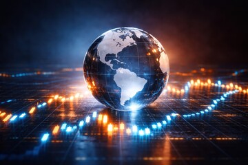 Global Business Growth Chart with Earth, Financial Data and Technology