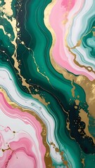 Abstract art; a fluid blend of pink, green, white hues swirled with gold accents, creating a marbled effect