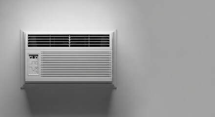 Fototapeta premium A contemporary white wall-mounted air conditioning unit stands against a clean grey wall, offering efficient cooling and vital climate control for comfortable indoor environments