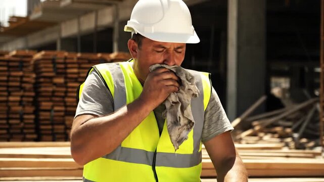 A construction worker wipes sweat and grime from his face with a rag in the hot sun, visibly enduring the harsh conditions of the worksite before quickly returning his focus to the task at hand.
