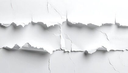 A white sheet ripped in layers revealing layers, torn edge texture with shadows creating depth in horizontal orientation