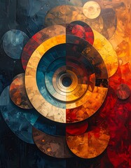 Abstract art concentric circles in warm & cool tones, textural brushstrokes on a dark and light background