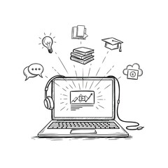 Online Education Learning Concept Sketch Digital Knowledge Streaming Technology Remote Study