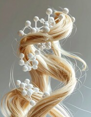 A spiral of blond hair with white beaded decorations, twisting against a neutral background