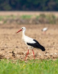 A white stork with black wings strides across a plowed field, green grass visible in the foreground