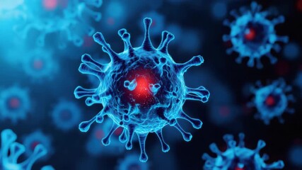 Blue virus microscopic particle with glowing red core signaling infection pathogen threat - Powered by Adobe