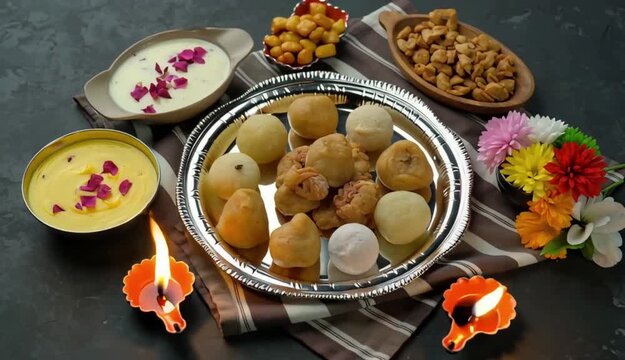 Indian woman serve Diwali sweets Gujiya peda barfi Indian Sweet dessert mithai festival dish Dussehra Holi ganesh chaturthi Ram navami Durga pooja, durga ashtami Navratri Mumbai Kerala India Sri ... S