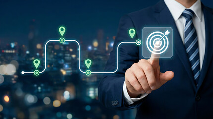 Businessman pointing at digital target icon following a winding path with pin markers illustrating step by step strategic approach to achieve business goals