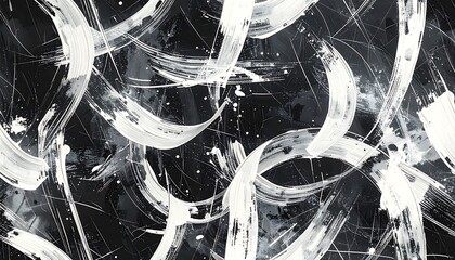 Abstract art featuring bold white strokes swirling across a dark background with splatters and blurred details