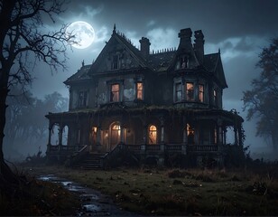 A spooky, derelict mansion sits beneath a full moon on a foggy night, evoking a sense of mystery and foreboding