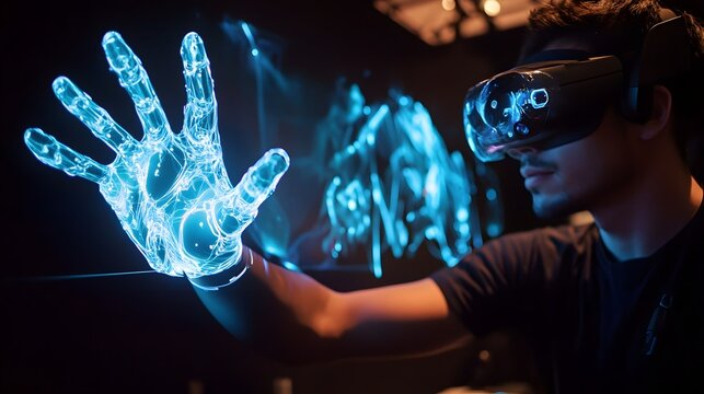 Graphic designer using a haptic glove to sculpt digital art in the air
