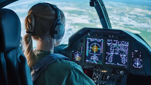 Female pilot training in a high tech flight simulator with 360 view