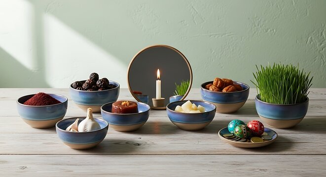 Haft-Seen table display with symbolic items for Nowruz, the Persian New Year celebration