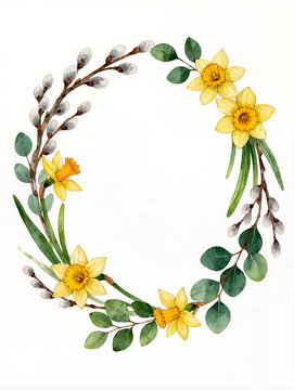 Circular wreath of yellow daffodils and pussy willows with green leaves. Spring floral arrangement symbolizing renewal and growth. Watercolor illustration for easter decorations seasonal greetings