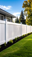 A white vinyl fence runs alongside a house with green grass and bushes under a bright blue sky