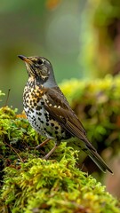 A spotted bird sits perched on bright green moss, blurred forest in background, brown feathers blend into nature