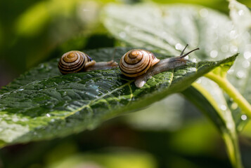 A garden pest. Grape snail (Helix pomatia) on a flowering hydrangea. An edible snail. A terrestrial gastropod mollusk of the Helicidae family.