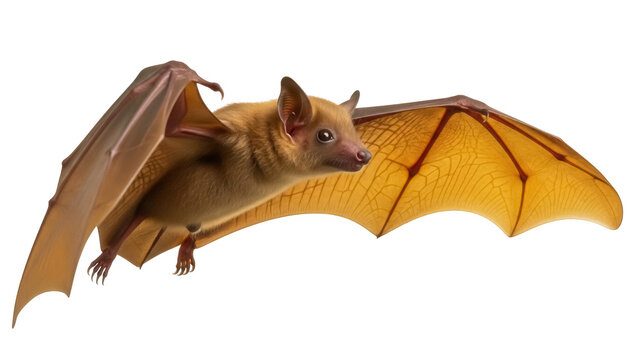 Isolated fruit bat in flight with translucent wings, flying mammal, side view, studio shot