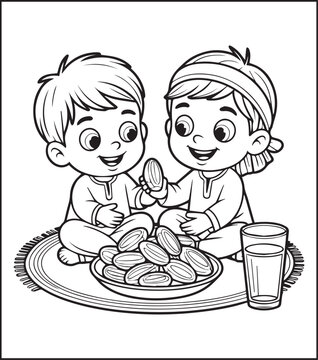 Kids sharing dates for Ramadan iftar coloring page, Black line art illustration