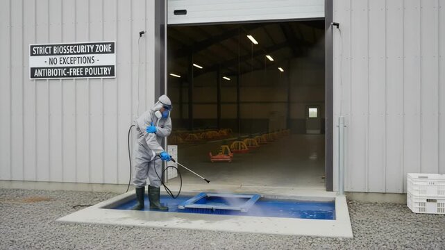 Medium shot of a farm employee disinfecting a barn entrance focusing on strict biosecurity measures to prevent disease in antibioticfree poultry.