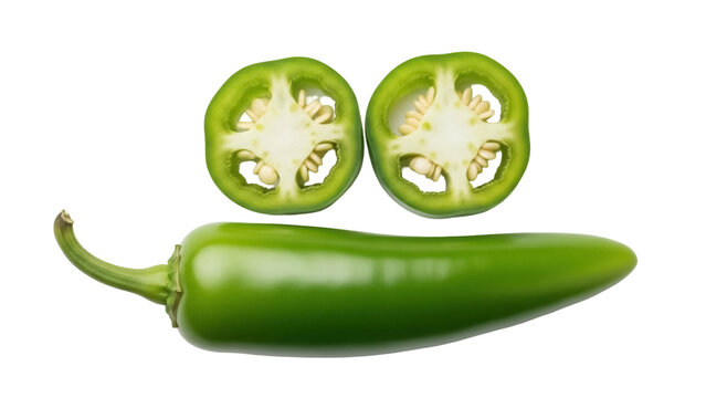 Isolated green jalape&ntilde;o pepper, whole and cut in half, for food photography composition