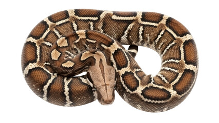 Obraz premium Isolated brown and beige coiled python snake, resting and posing calmly with unique patterns