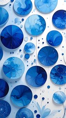 Abstract art shows floating blue & white circles with varied textures, shapes, and designs on a light backdrop