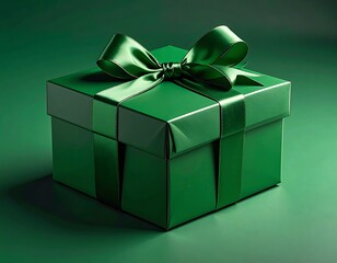 A square green gift box with a satin bow sits on a green background, casting soft shadows