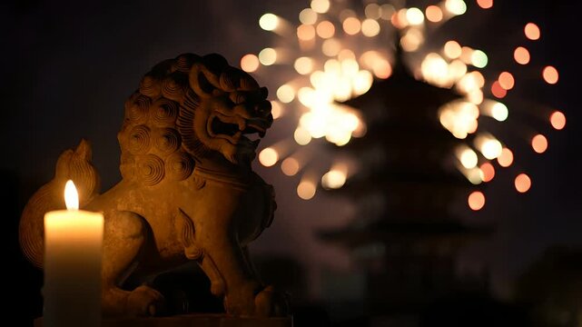 Stone Foo Dog statue and flickering candle with dazzling fireworks exploding over a blurred traditional pagoda. Captures Asian celebration, Chinese New Year, and cultural festival spirit.