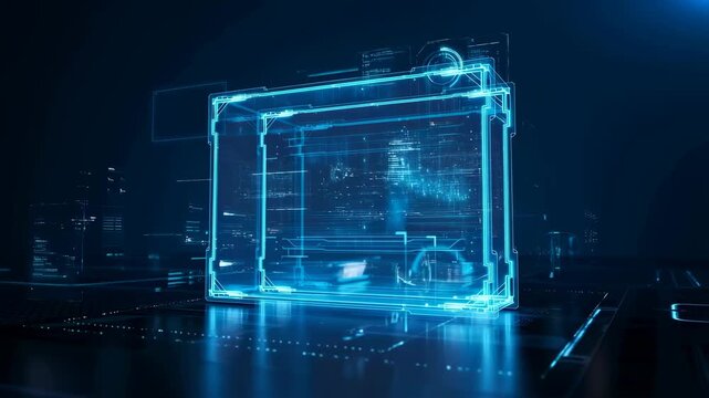 Futuristic holographic interface displaying data and information in a digital environment. Represents advanced technology and innovation in data visualization