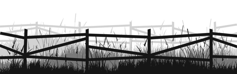 Naklejka premium Meadow silhouettes with grass and old wooden fence. Countryside, panoramic summer lawn rural landscape with herbs, weeds. Herbal border, frame element. Black horizontal banners. Vector illustration