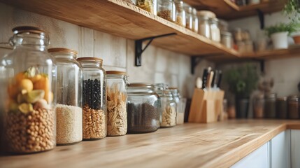 Minimalist zero waste kitchen with glass jars and wooden textures