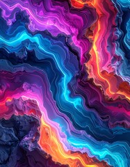 Abstract art shows vibrant neon hues layered like geological strata with fluid, undulating patterns