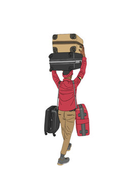 An Indian Porter Carrying Multiple Suitcases
