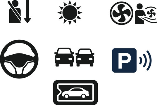 Black line icons representing automotive features like seatbelt, climate control, parking assist, and rearview camera