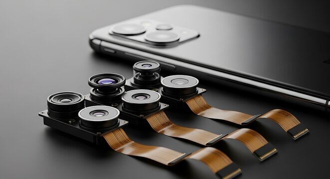 Close-up of smartphone camera lenses and flex cables, highlighting advanced mobile photography technology