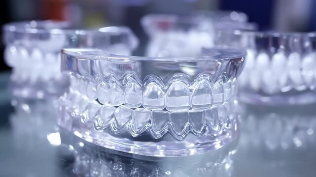Medium shot capturing full set of orthodontic models under vacuum pressure plastic conforming closely as background remains out of focus for clarity.