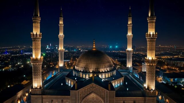 A majestic mosque with a large golden dome and four minarets illuminated at night in a city