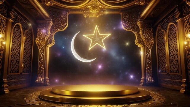 A luxurious, golden stage with a crescent moon and star on a dark background, set in an ornate, Middle Eastern-inspired interior, ideal for Ramadan or Islamic celebrations