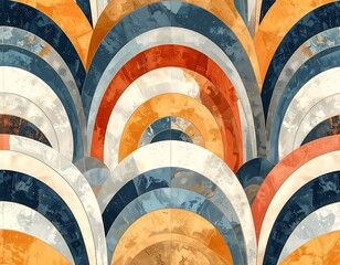 Abstract art with concentric semi-circles in orange, blue, and white creating a symmetrical, layered, scalloped pattern