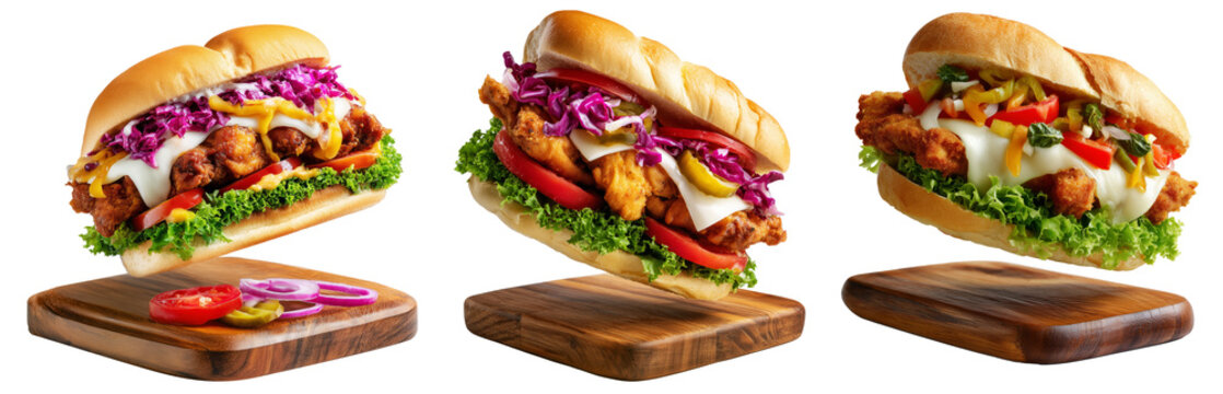 Milanesa chicken sandwich with beef lettuce, tomato, onions, pickles, and sauce isolated on white background, concept of fast food