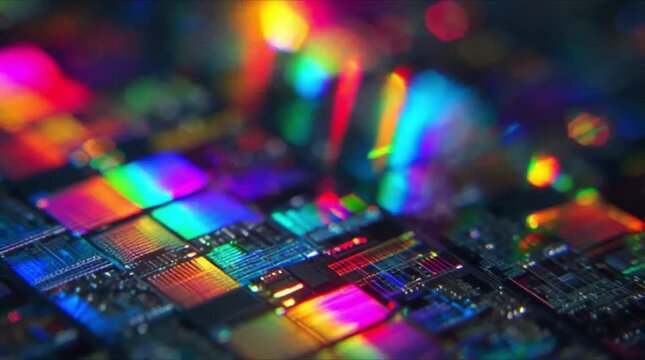 Vibrant rainbow semiconductor wafer with intricate microchip circuit patterns and shimmering iridescent light (AI Generated)