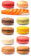 A stacked arrangement of colorful macarons interspersed with sushi on a white backdrop, creating an odd food collage